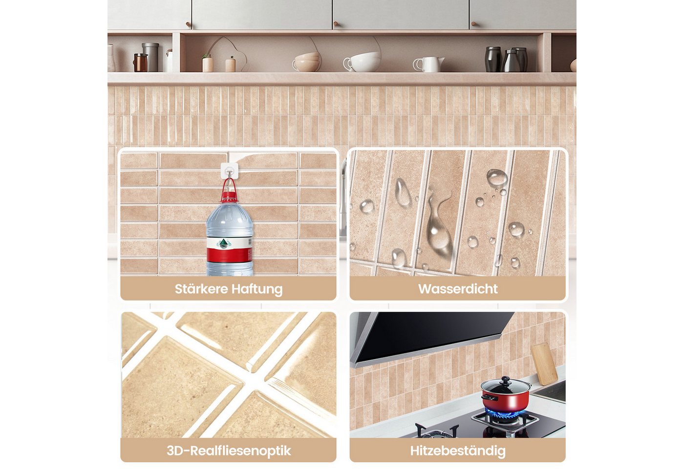 Bundviel 3D Wandpaneel 10stk. Selbstklebend 3D Fliesenaufkleber Küchenrückwand Wasserdicht, BxL: 30,5x30,5 cm, 0,9 qm, für Küche Bad