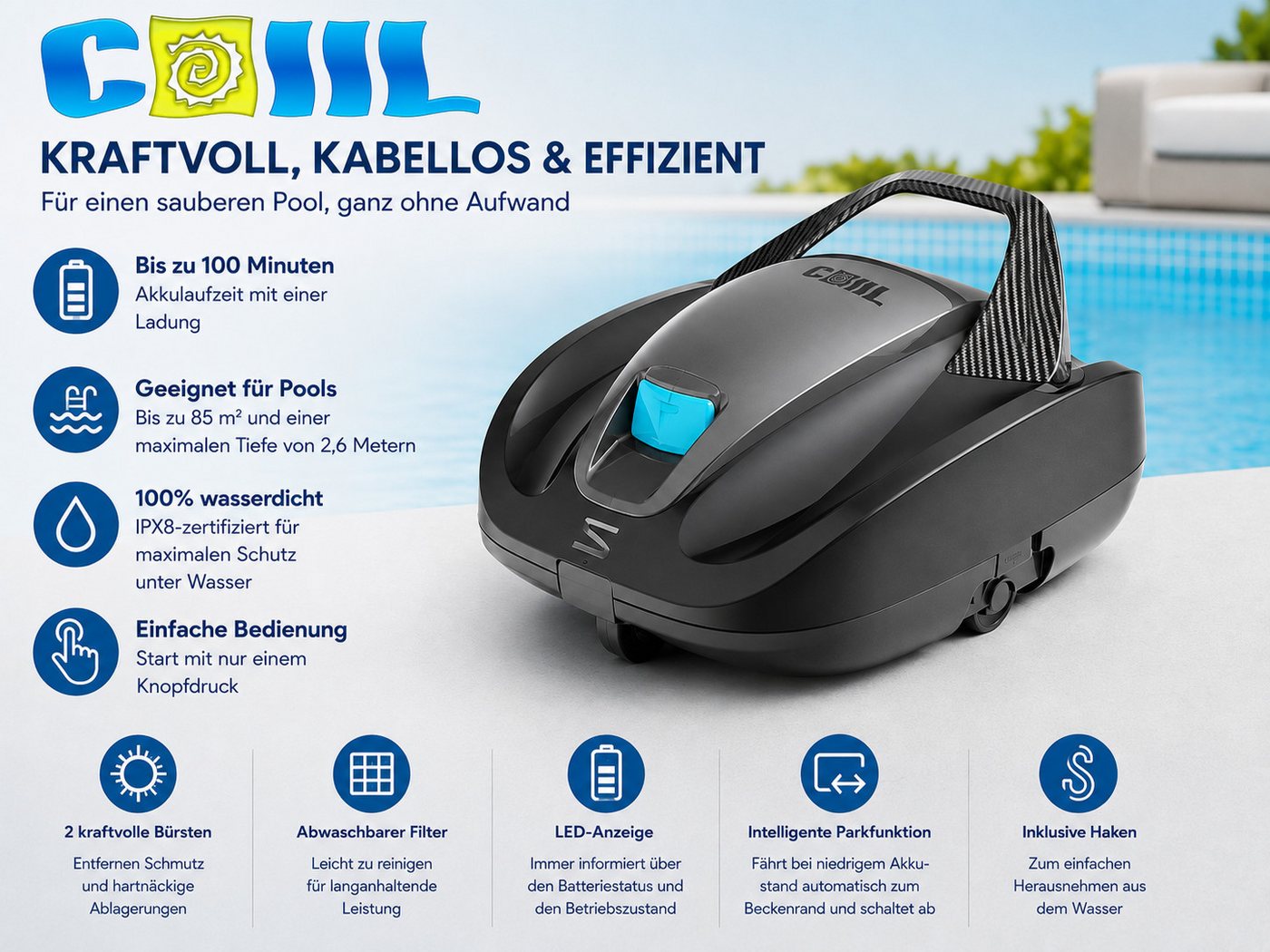 COIL Poolroboter Poolreinigungsroboter - Akku Poolroboter - Kabelloser Poolreiniger, 100 Minuten Laufzeit – IPX8 Wasserdicht - Akku - bis zu 85 m² Bild 2
