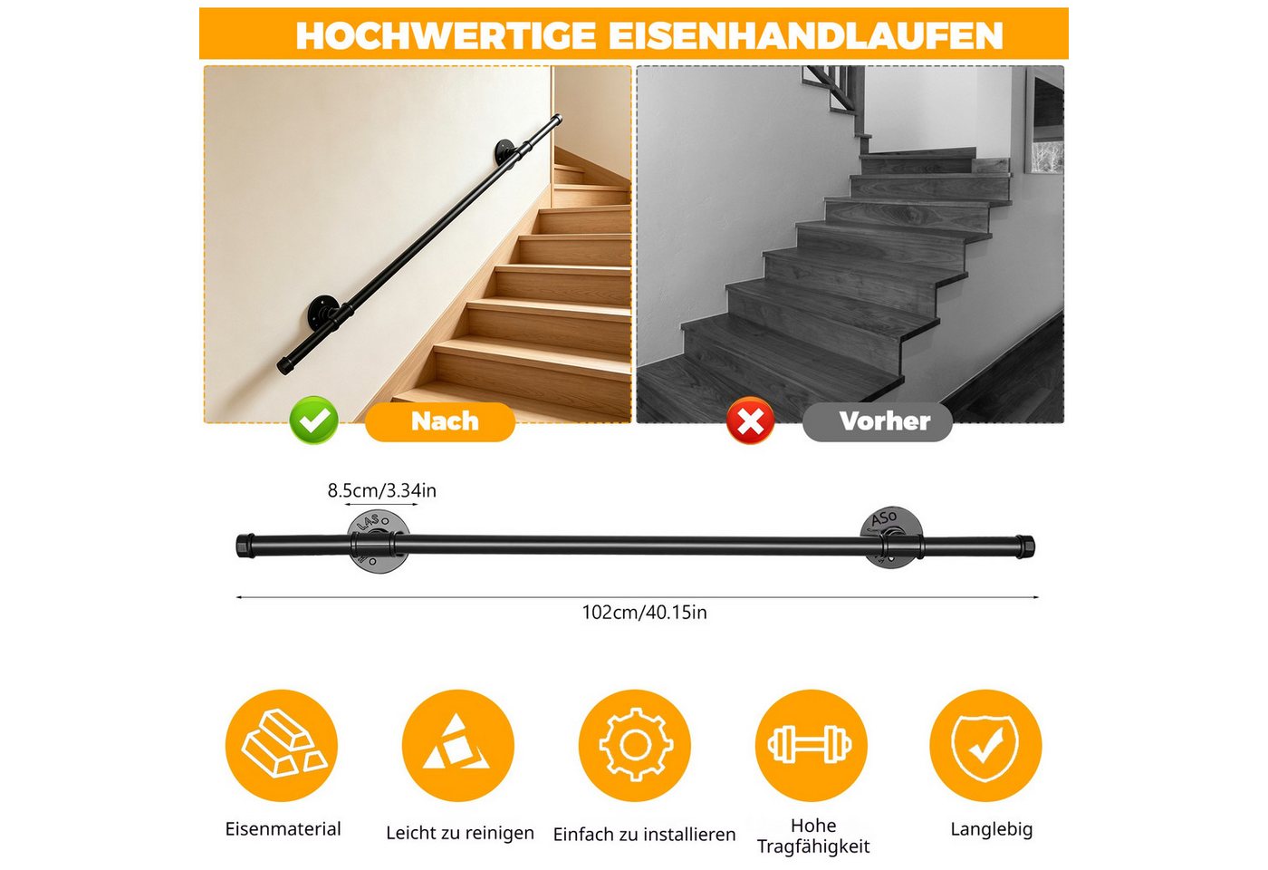 BlingBin Handlauf 150 / 100 cm verzinkter rutschfester Wandhandlauf, 100 cm Gesamtlänge, (2er Set, 2 St., 150cm/100cm), wetterfestes Treppengeländer für Bad, Küche und Garten