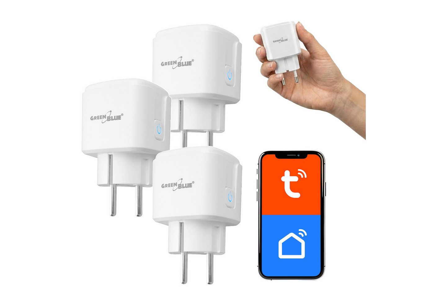 GreenBlue Steckdose GB735 Tuya Smart-WLAN-Steckdose mit Programmierfunktion, 3-St., Android/iOS/Alexa/Google Home, Timer, Leistungsmesser