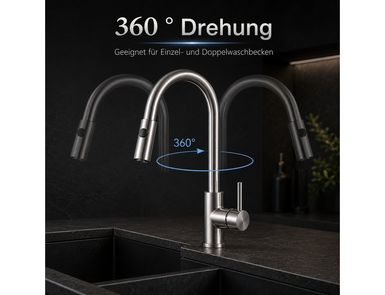 DESFAU Küchenarmatur Edelstahl Ausziehbar mit Brause 2 Funktionen Spültischarmatur 360° Schwenkauslauf, gebürsteter Edelstahl und Einhebelbedienung