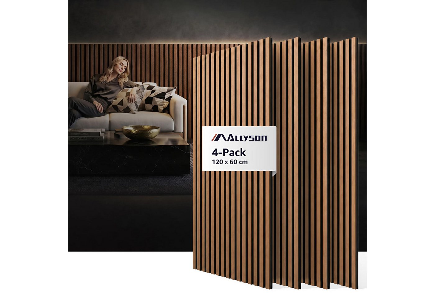 Allyson Wandpaneel Akustikpaneele 3D-Lamellen Wanddekoration Polyesterfilz, BxL: 60x120 cm, 0,72 qm, Effektive Schallabsorption, edle 3D-Holzoptik, 4er-Set für ca. 2,88m² Bild 4