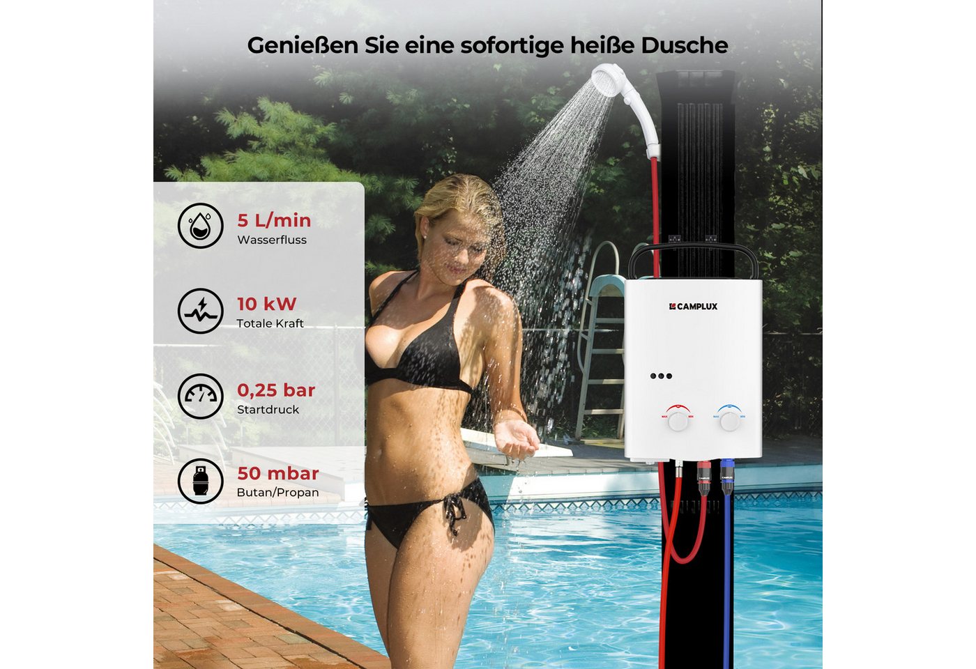 CAMPLUX Durchlauferhitzer AY132-DE, 50 mbar, min. 10 °C, max. 65 °C, LPG Propan 10 kW Durchlauferhitzer für Wohnmobil, Camping & Dusche Bild 3