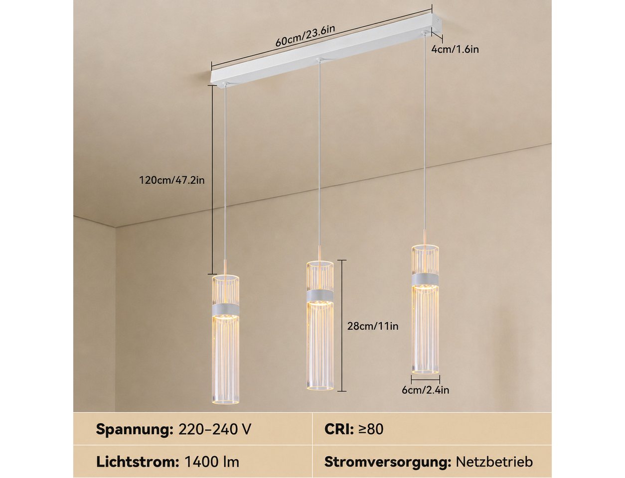 BlingBin LED Pendelleuchte 3-flammig Hängeleuchte 14 W Acryl-Kronleuchter, 3 Lichtfarben mit Memoryfunktion, LED fest integriert, Neutralweiß, Warmweiß, Tageslichtweiß, weiße Hängelampe für Esszimmer und Kücheninsel