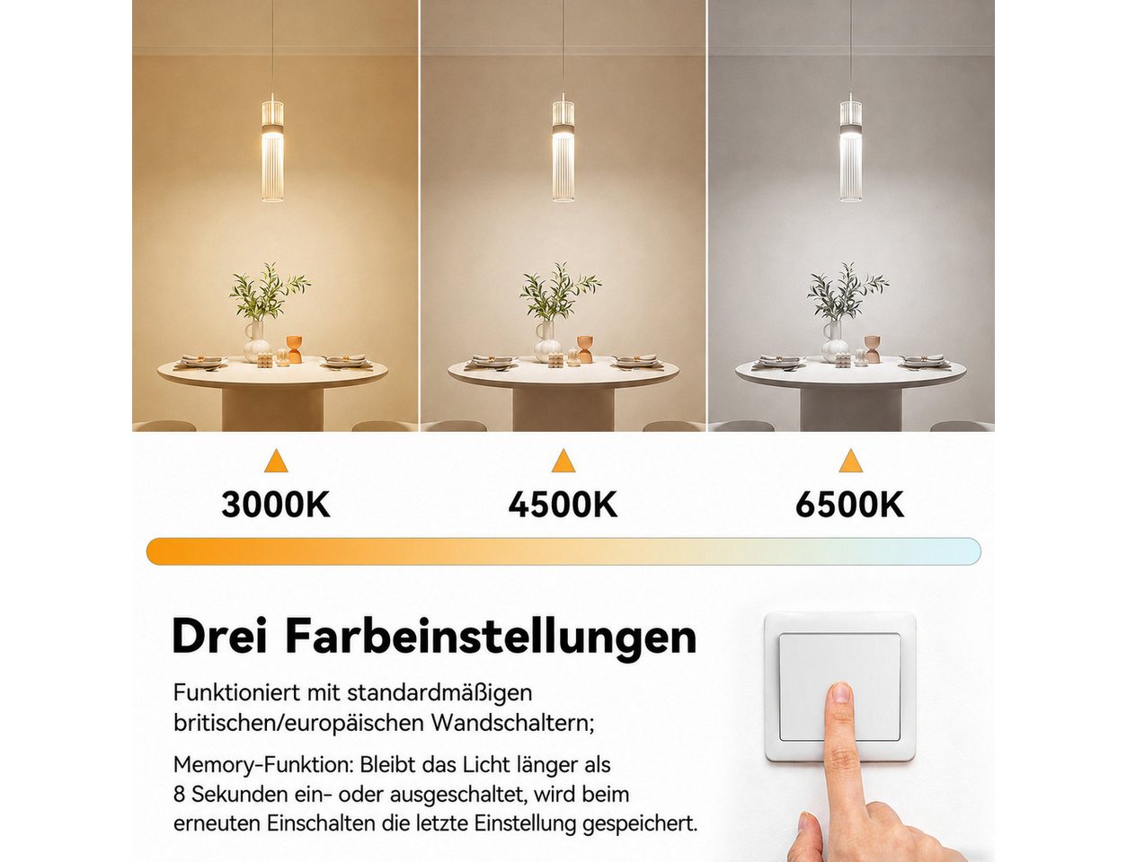 BlingBin LED Pendelleuchte 3-flammig Hängeleuchte 14 W Acryl-Kronleuchter, 3 Lichtfarben mit Memoryfunktion, LED fest integriert, Neutralweiß, Warmweiß, Tageslichtweiß, weiße Hängelampe für Esszimmer und Kücheninsel Bild 2