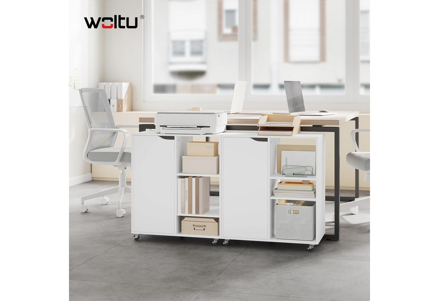 Woltu Aktenschrank Druckertisch mit Rollen 3 offenen Fächern 1 Tür Verstellbaren Ablagen Bild 2