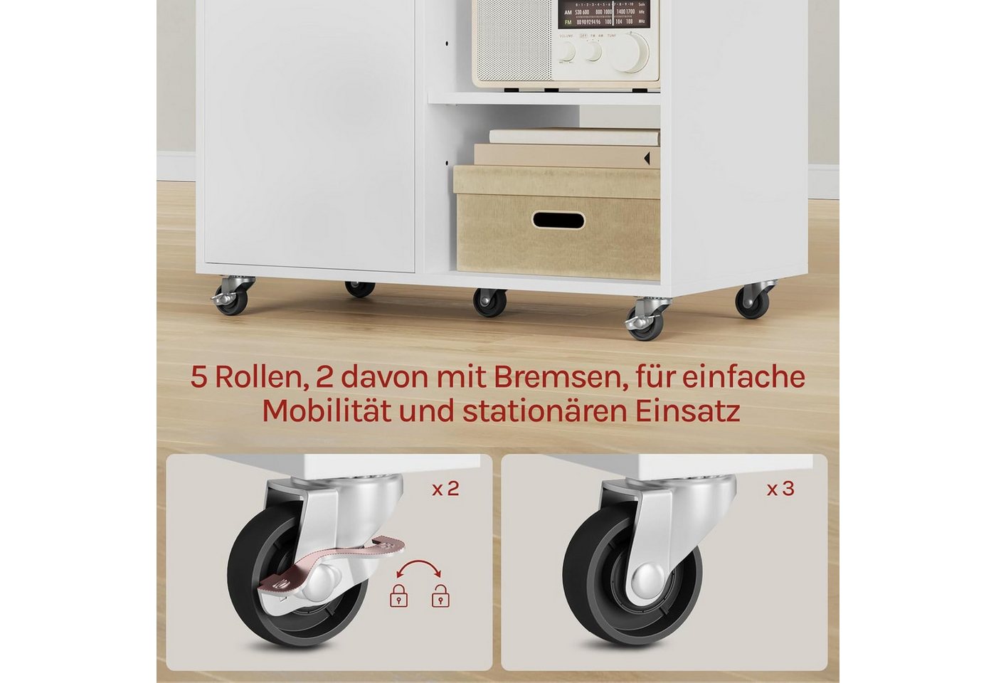 Woltu Aktenschrank Druckertisch mit Rollen 3 offenen Fächern 1 Tür Verstellbaren Ablagen Bild 3