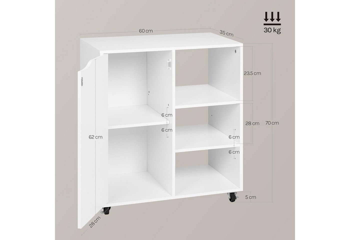 Woltu Aktenschrank Druckertisch mit Rollen 3 offenen Fächern 1 Tür Verstellbaren Ablagen Bild 4