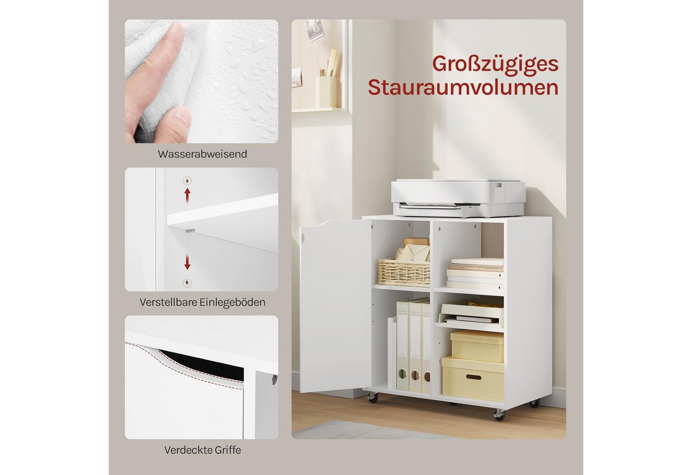 Woltu Aktenschrank Druckertisch mit Rollen 3 offenen Fächern 1 Tür Verstellbaren Ablagen Bild 5