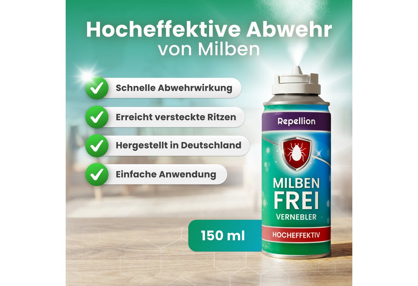 Repellion Insektenspray Anti Milben Fogger für Matratzen & Wohnräume, 150 ml, Intensiver Milbennebel gegen Hausstaubmilben & zum Milben bekämpfen Bild 5