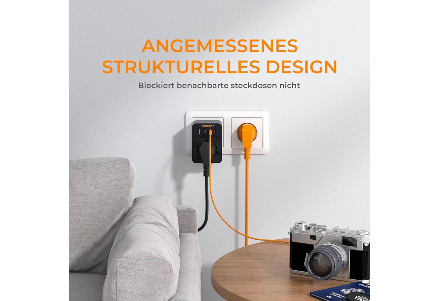 TESSAN Steckdose Schutzadapter mit 2 USB-C 2 USB-A Mehrfachadapter Schwarz Mehrfachsteckdose 1-fach (2 USB-A und 2 USB-C, Schwarz, 5 in 1 Mehrfachstecker)