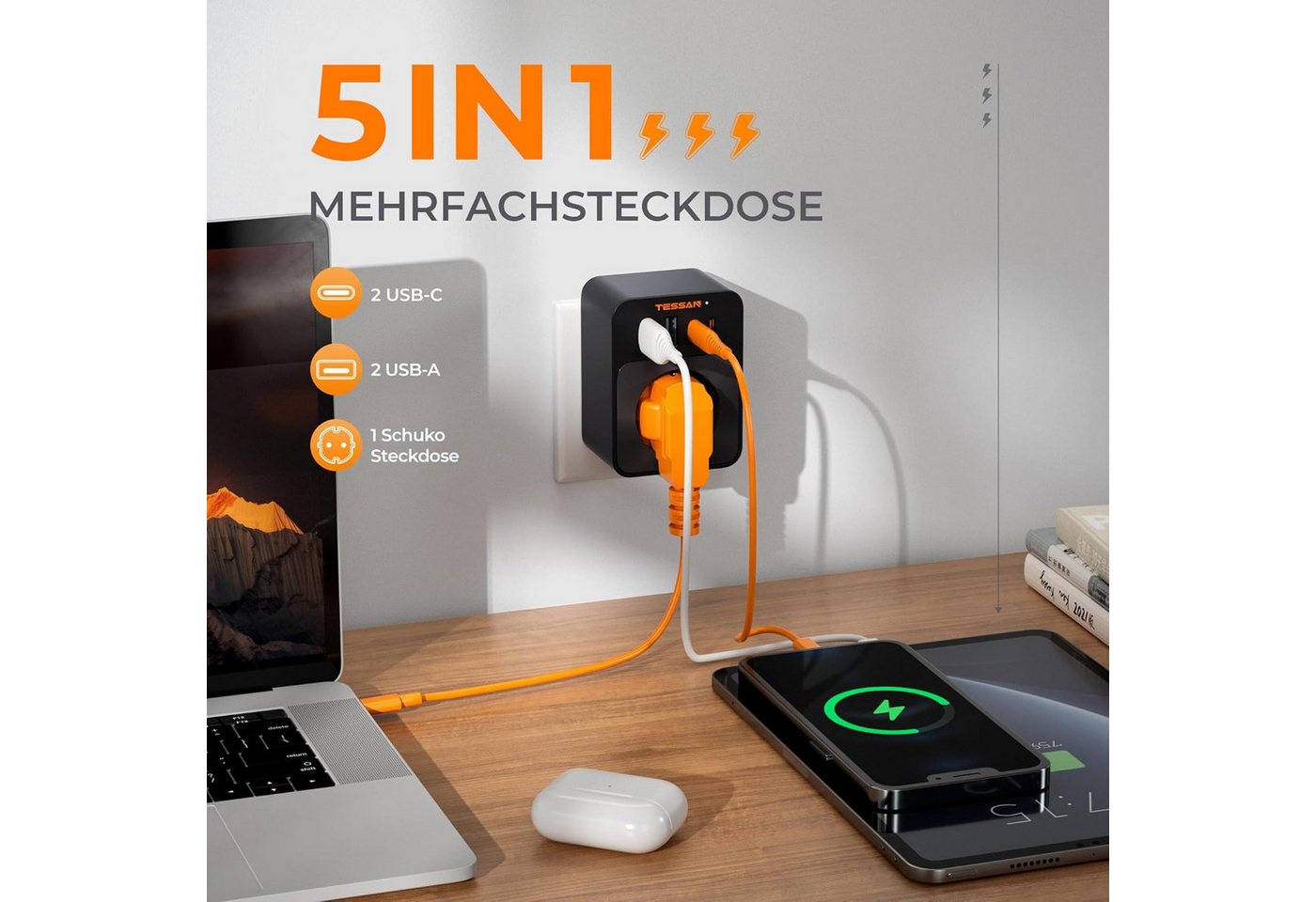TESSAN Steckdose Schutzadapter mit 2 USB-C 2 USB-A Mehrfachadapter Schwarz Mehrfachsteckdose 1-fach (2 USB-A und 2 USB-C, Schwarz, 5 in 1 Mehrfachstecker) Bild 3
