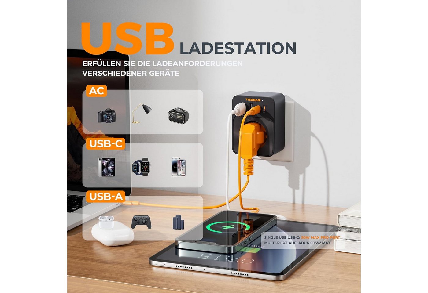 TESSAN Steckdose Schutzadapter mit 2 USB-C 2 USB-A Mehrfachadapter Schwarz Mehrfachsteckdose 1-fach (2 USB-A und 2 USB-C, Schwarz, 5 in 1 Mehrfachstecker) Bild 5