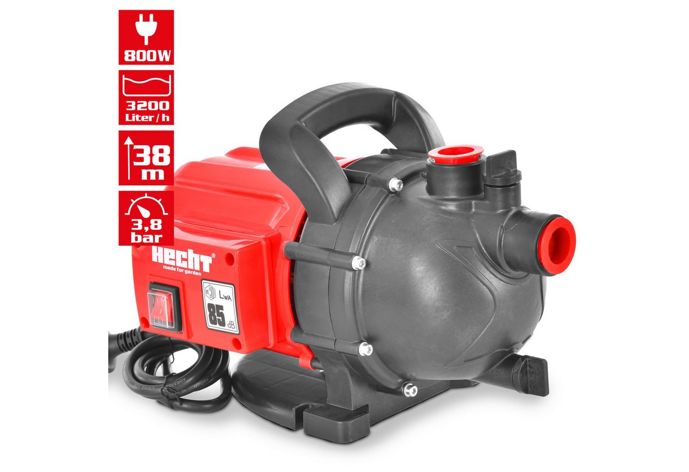 Hecht Gartenpumpe 3080 Kreiselpumpe, 800 W, 3200 l/h, selbstansaugend (1-tlg), Bewässerungspumpe Regenwasser Klarwasser IPX4 8 m Saughöhe Bild 2