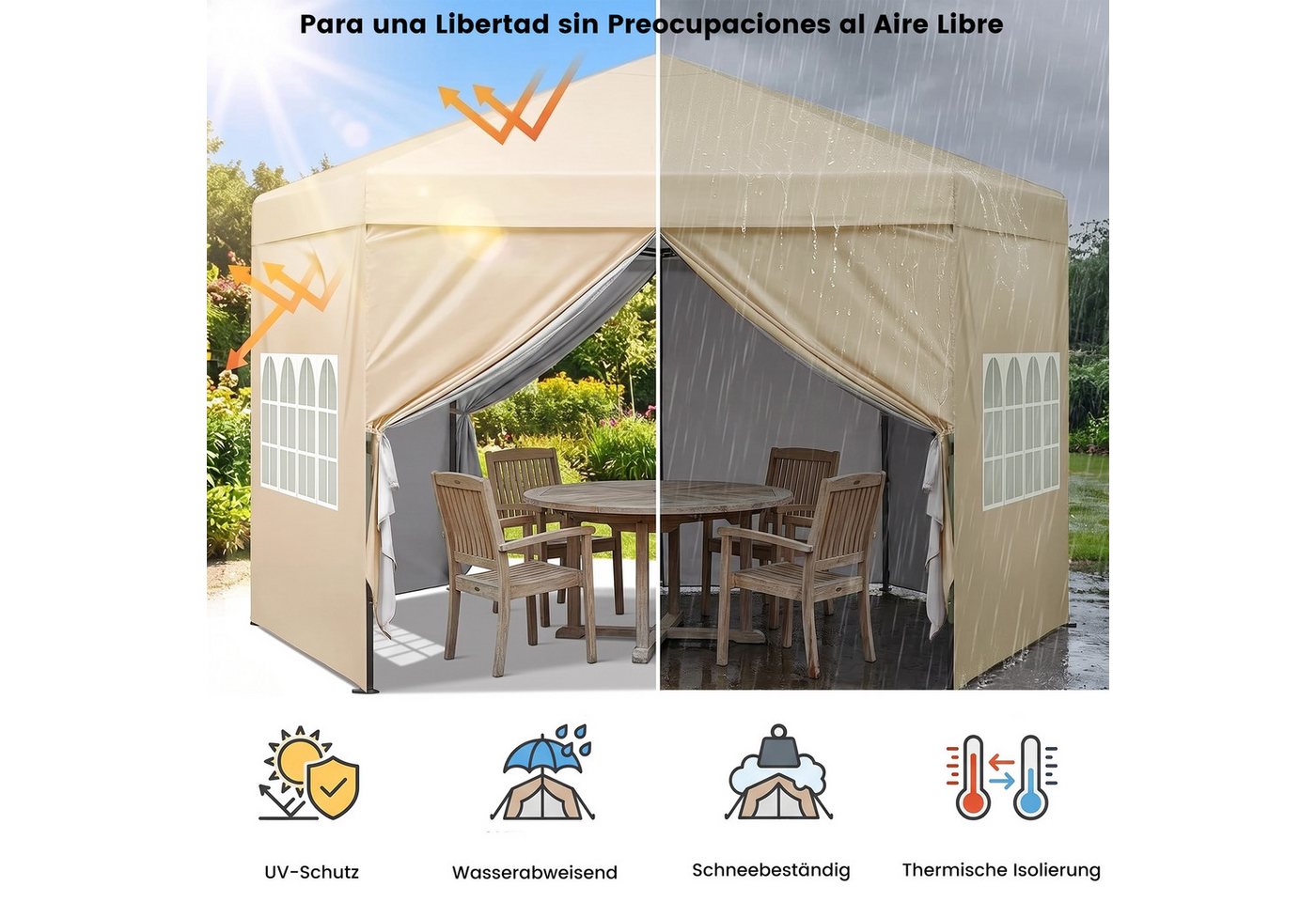 DAITORE Faltpavillon 3x3 m Gartenpavillon mit 4 Seitenteilen Höhenverstellbar, mit 4 Seitenteilen, Wasserdicht, Pop-Up, 3 Stufen höhenverstellbar, 4 Seitenteile