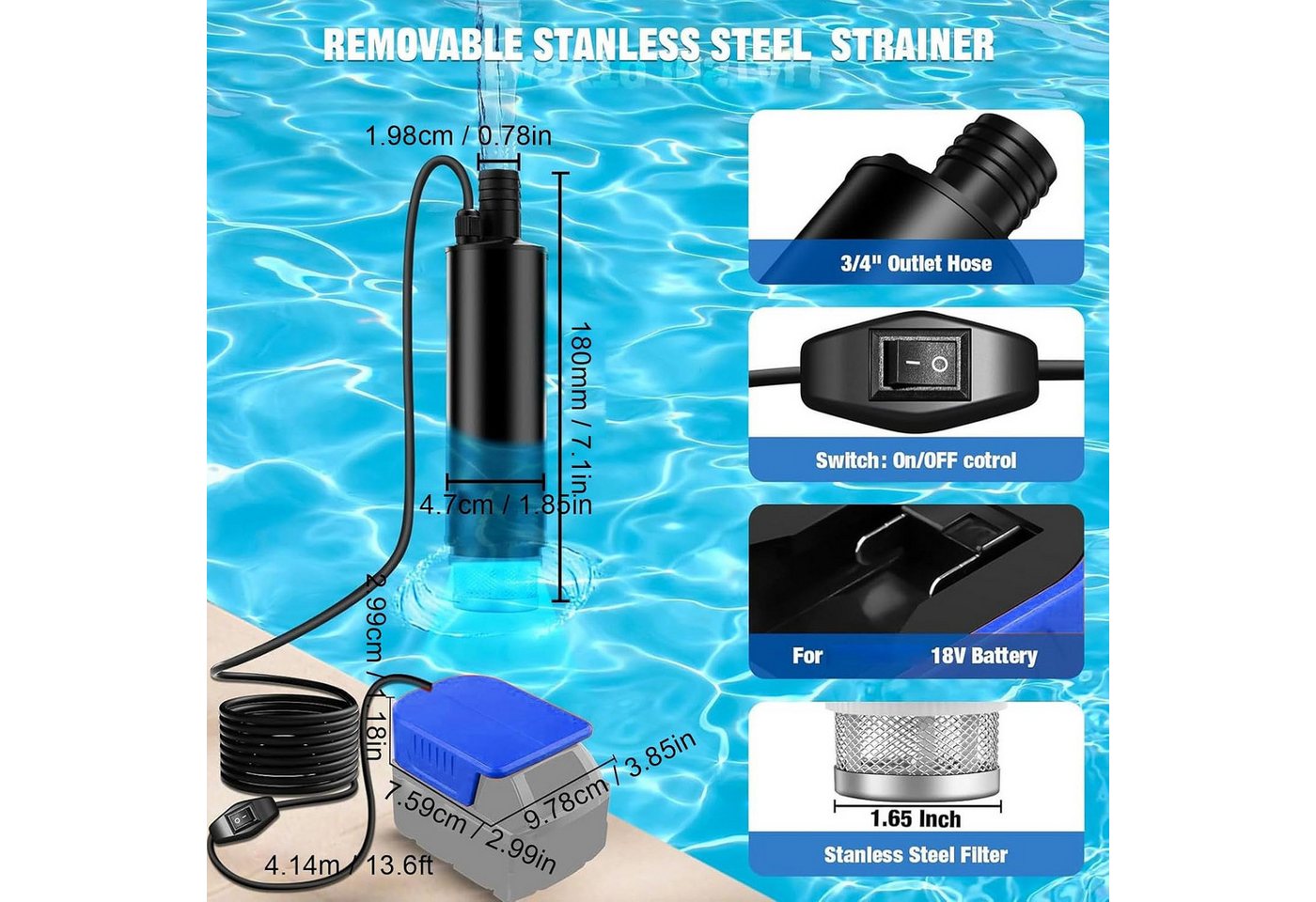 Athlix Tauchpumpe 120W 12V Tragbare Kabellose Tauchpumpe für Wasser und Öl, 4,5m Kabel, Überlast- und Niederspannungsschutz Bild 3