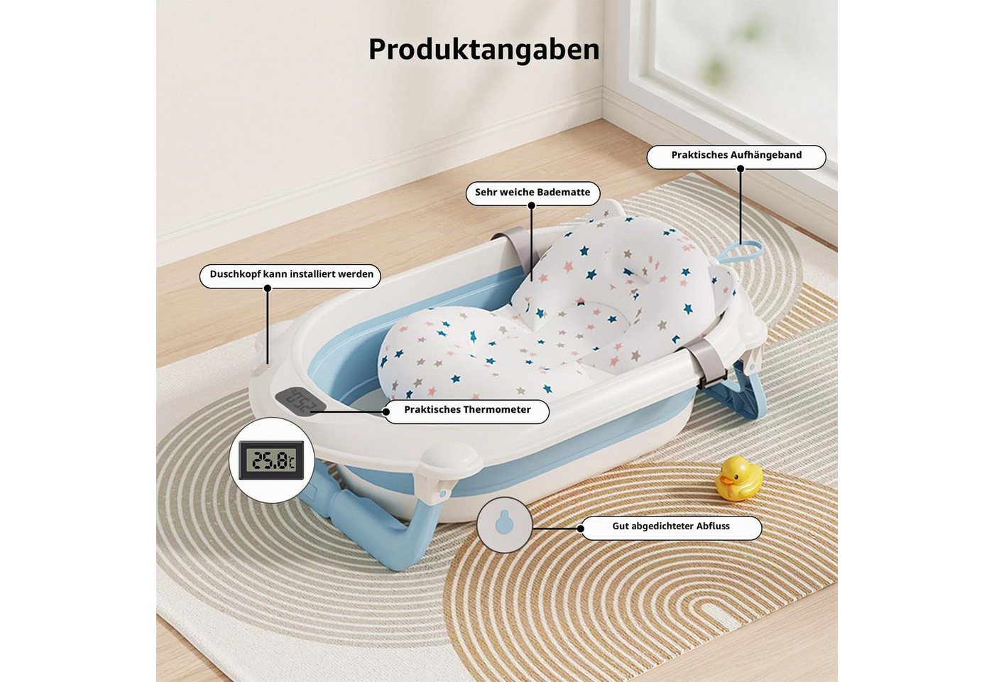 Athlix Babybadewanne 3-in-1 faltbare Babybadewanne mit Ständer, mit Thermometer, Badekissen, vielseitig einsetzbar für Neugeborene bis Kleinkinder Bild 3