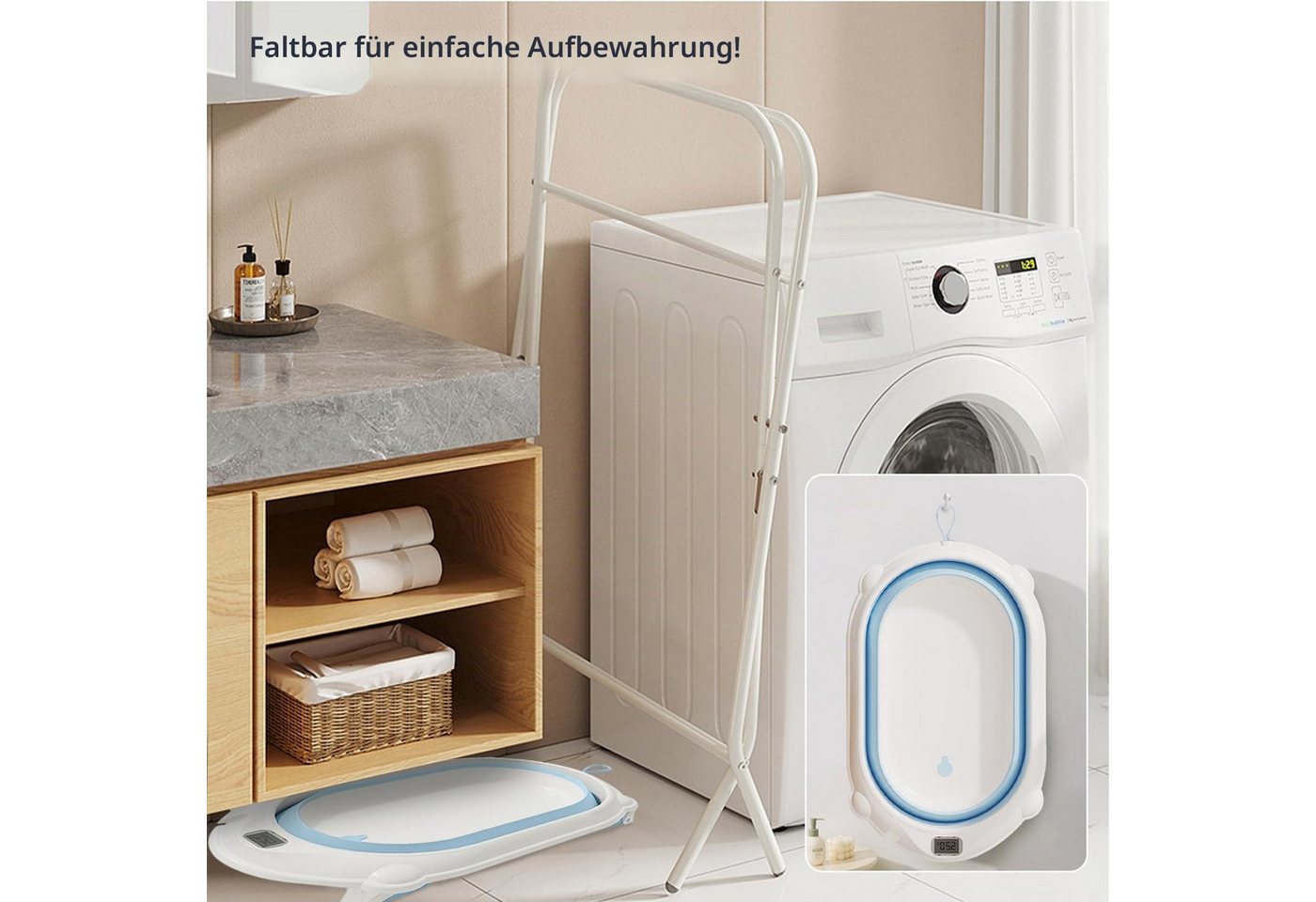Athlix Babybadewanne 3-in-1 faltbare Babybadewanne mit Ständer, mit Thermometer, Badekissen, vielseitig einsetzbar für Neugeborene bis Kleinkinder Bild 5