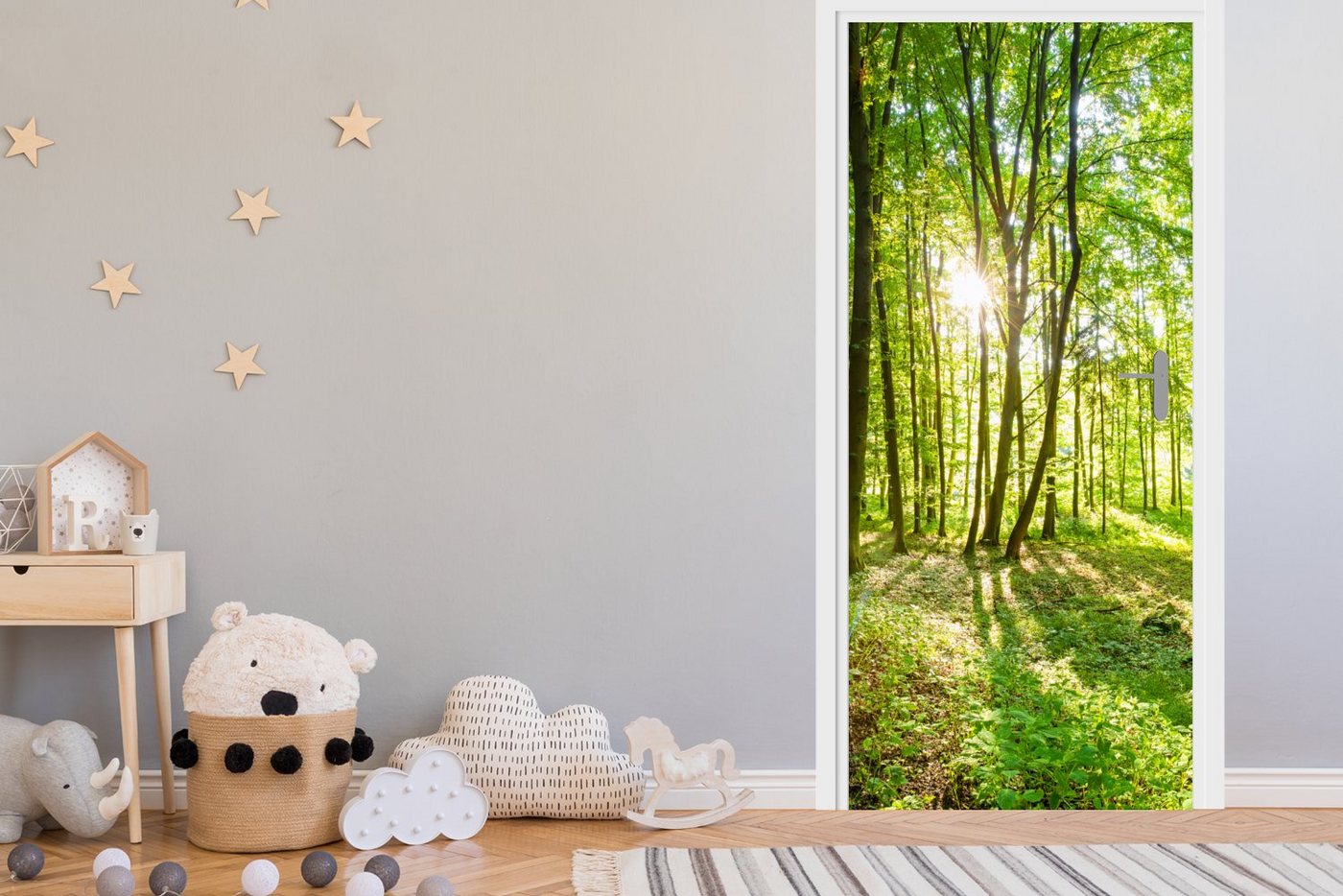 MuchoWow Türtapete Natur - Bäume - Wald - Grün - Sonnenlicht, Matt, bedruckt, (1 St), Selbstklebende Tapete, Folie für Möbel, 75x205 cm Bild 5