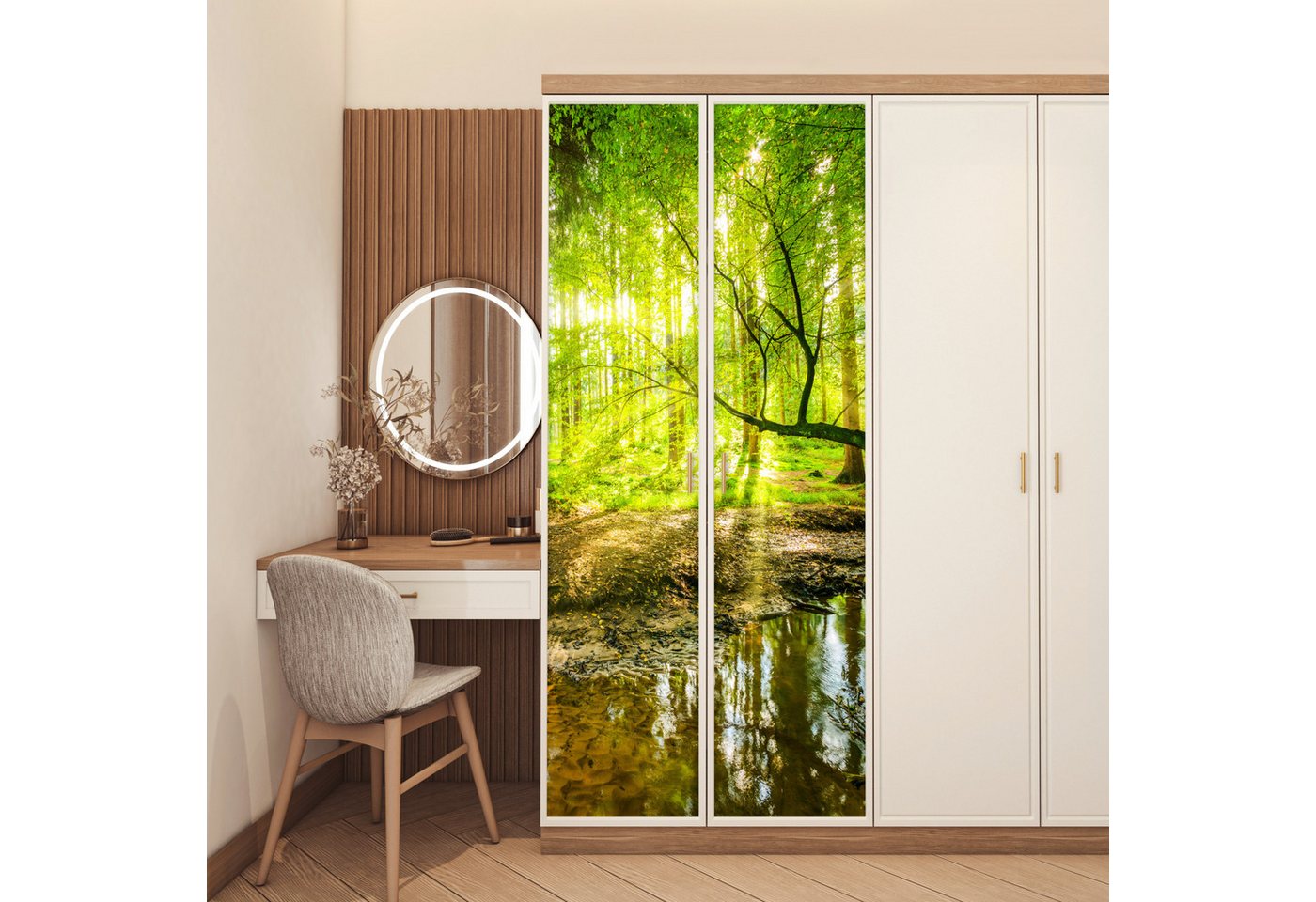MuchoWow Türtapete Wald - Landschaft - Wasser - Bäume - Sonne - Grün - Natur, Matt, bedruckt, (1 St), Selbstklebende Tapete, Folie für Möbel, 75x205 cm Bild 2
