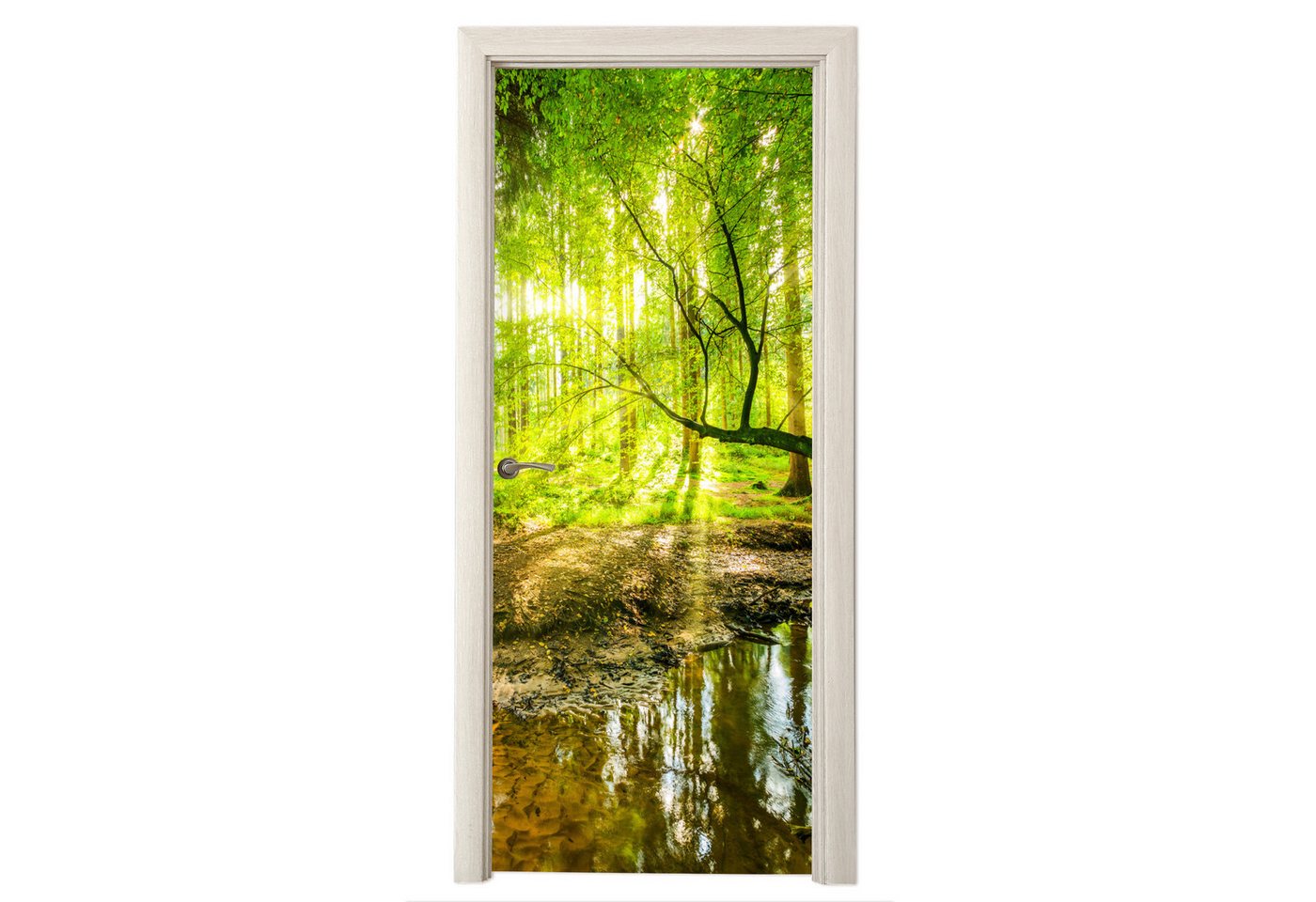 MuchoWow Türtapete Wald - Landschaft - Wasser - Bäume - Sonne - Grün - Natur, Matt, bedruckt, (1 St), Selbstklebende Tapete, Folie für Möbel, 75x205 cm Bild 3