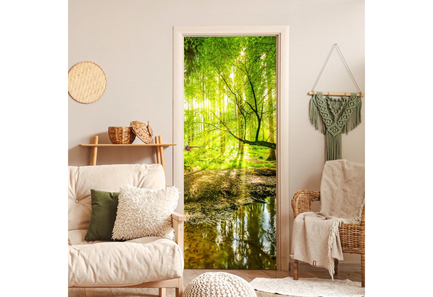 MuchoWow Türtapete Wald - Landschaft - Wasser - Bäume - Sonne - Grün - Natur, Matt, bedruckt, (1 St), Selbstklebende Tapete, Folie für Möbel, 75x205 cm Bild 4