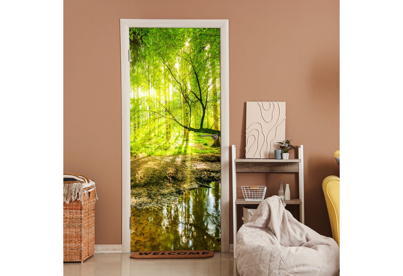 MuchoWow Türtapete Wald - Landschaft - Wasser - Bäume - Sonne - Grün - Natur, Matt, bedruckt, (1 St), Selbstklebende Tapete, Folie für Möbel, 75x205 cm Bild 5