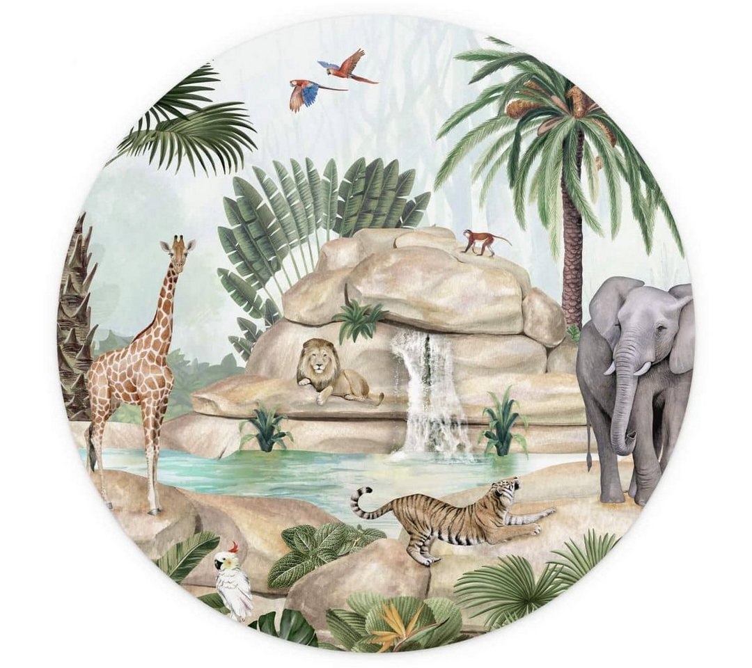 K&L Wall Art Fototapete Kikki Belle - Dschungel Paradies, Vliestapete, rund, Giraffe Löwe, große Kinder Motivtapete