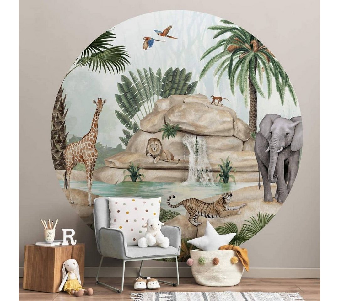 K&L Wall Art Fototapete Kikki Belle - Dschungel Paradies, Vliestapete, rund, Giraffe Löwe, große Kinder Motivtapete Bild 5