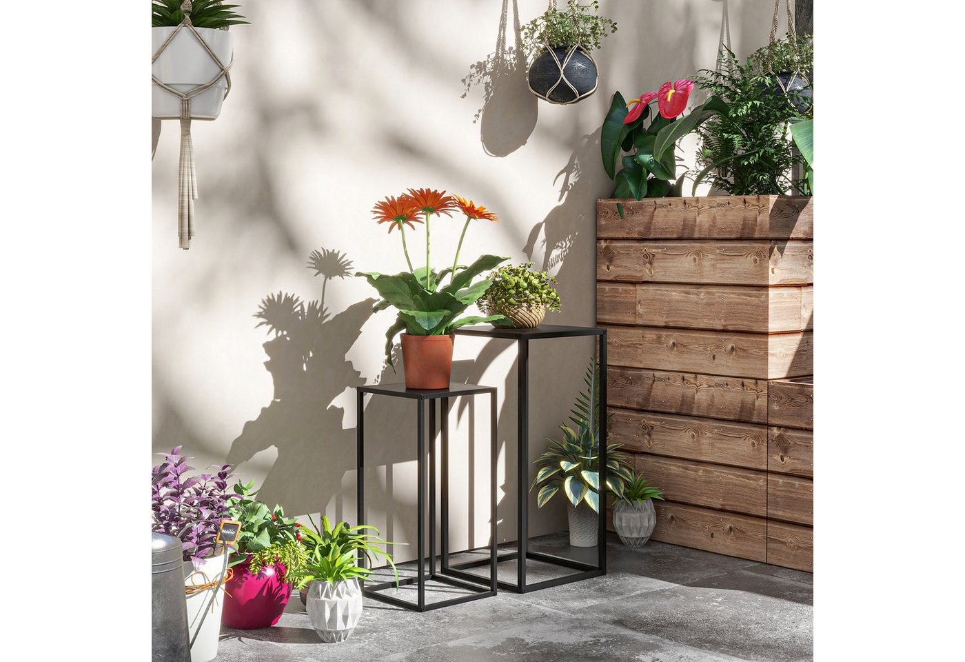Outsunny Blumenständer 2 unterschiedliche Höhen (Pflanzenhalter, 2 St., Blumentopfhalter), für Balkon, Wohnzimmer, Schwarz Bild 2
