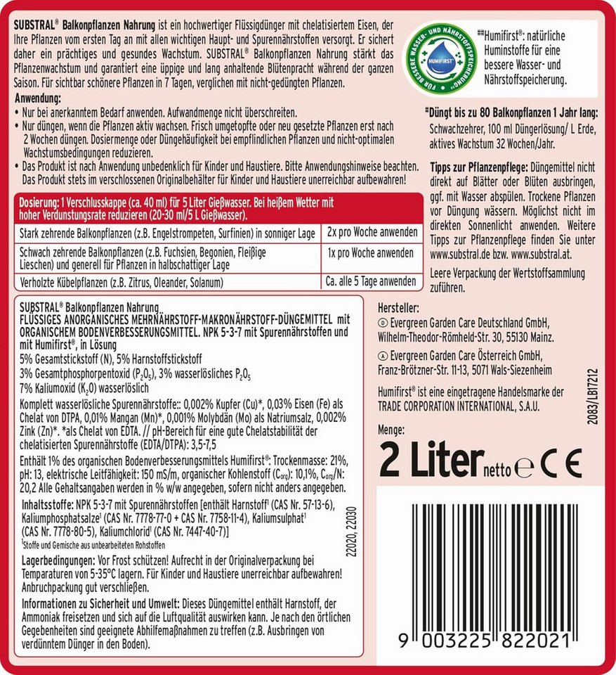 Substral Pflanzenstärkungsmittel Substral Balkonpflanzen Nahrung Premium Flüssigdünger, 2 L