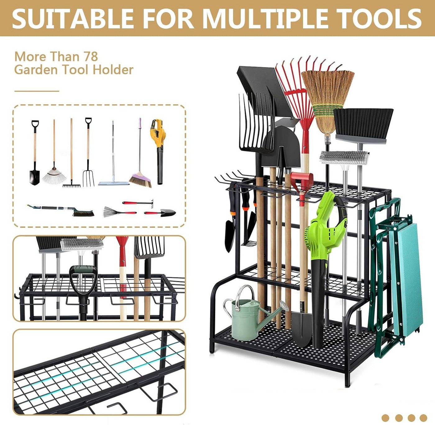 Forrlite Gartengerätehalter Metall Gartengerätehalter Werkzeugregal mit 11 Haken 74×41×66cm, (für Garage, Garten & Keller, mit 3 Ebenen,platzsparend,stabil, rostfrei,hohe Tragkraft)