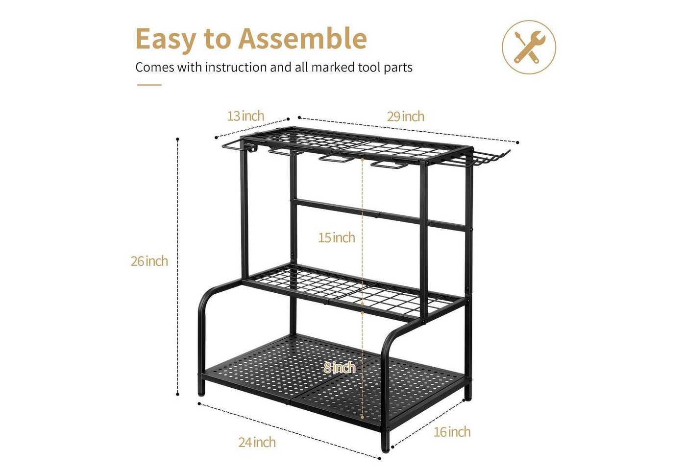 Forrlite Gartengerätehalter Metall Gartengerätehalter Werkzeugregal mit 11 Haken 74×41×66cm, (für Garage, Garten & Keller, mit 3 Ebenen,platzsparend,stabil, rostfrei,hohe Tragkraft) Bild 5