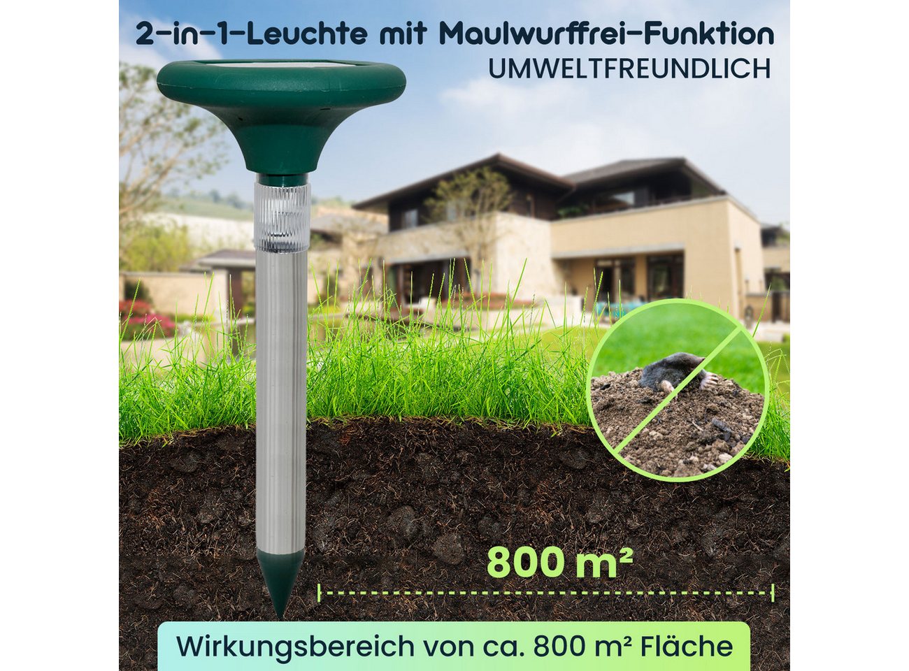 Casativo Vibrations-Tierabwehr Solar Maulwurfschreck mit LED 800m² Abwehr & Gartenleuchte Alu-Spieß, 1-tlg., 1er-Set & 3er-Set, 2-in-1 Maulwurf-Abwehr (400 Hz) mit solarbetriebener LED-Wegleuchte Bild 2