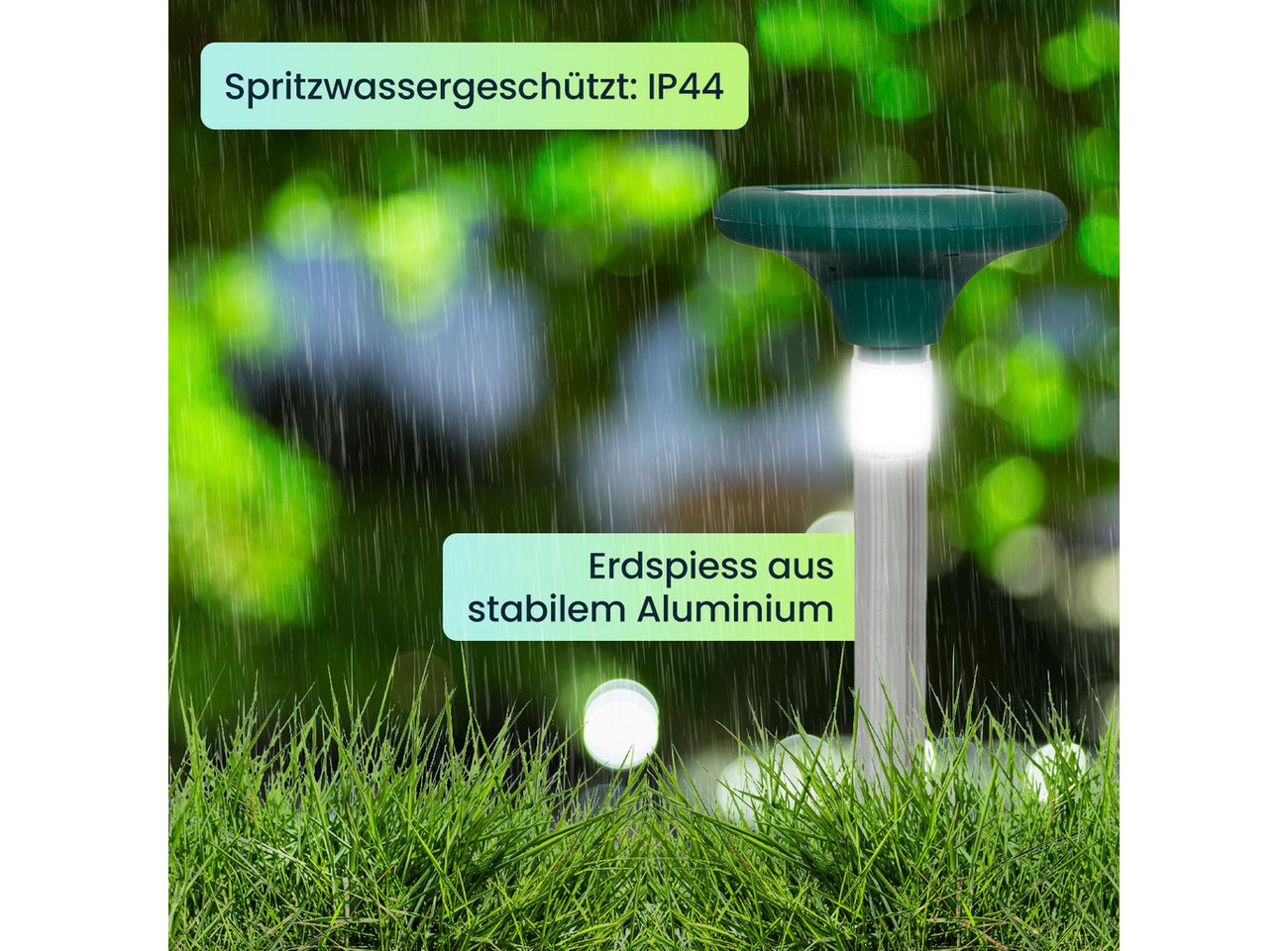 Casativo Vibrations-Tierabwehr Solar Maulwurfschreck mit LED 800m² Abwehr & Gartenleuchte Alu-Spieß, 1-tlg., 1er-Set & 3er-Set, 2-in-1 Maulwurf-Abwehr (400 Hz) mit solarbetriebener LED-Wegleuchte Bild 3