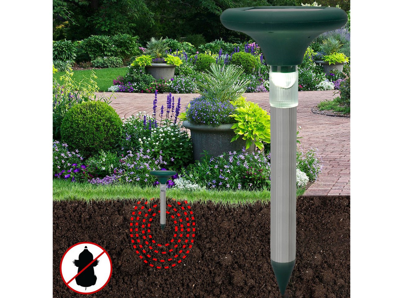 Casativo Vibrations-Tierabwehr Solar Maulwurfschreck mit LED 800m² Abwehr & Gartenleuchte Alu-Spieß, 1-tlg., 1er-Set & 3er-Set, 2-in-1 Maulwurf-Abwehr (400 Hz) mit solarbetriebener LED-Wegleuchte Bild 5