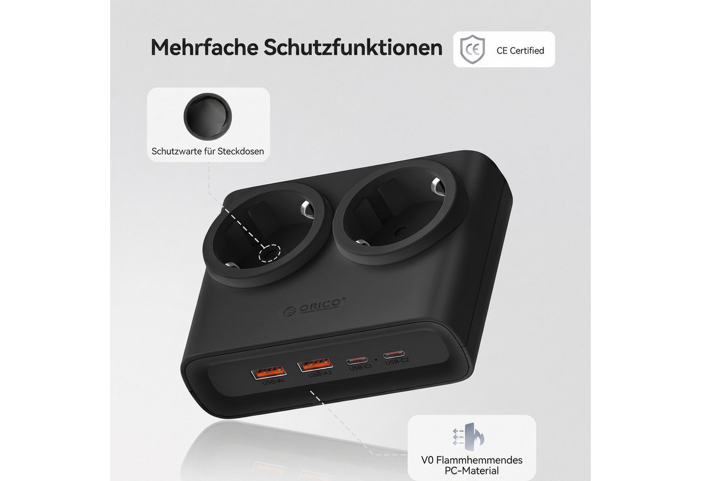 ORICO Steckdose 15W/25W GaN Mehrfachsteckdose 6-in-1 Steckdosenleiste,2AC+2USB+2CPD, acher 1,3 cm Stecke, 1-St., 1,6 m Kabel, 2500 W., für Haushalt & Büro Bild 2