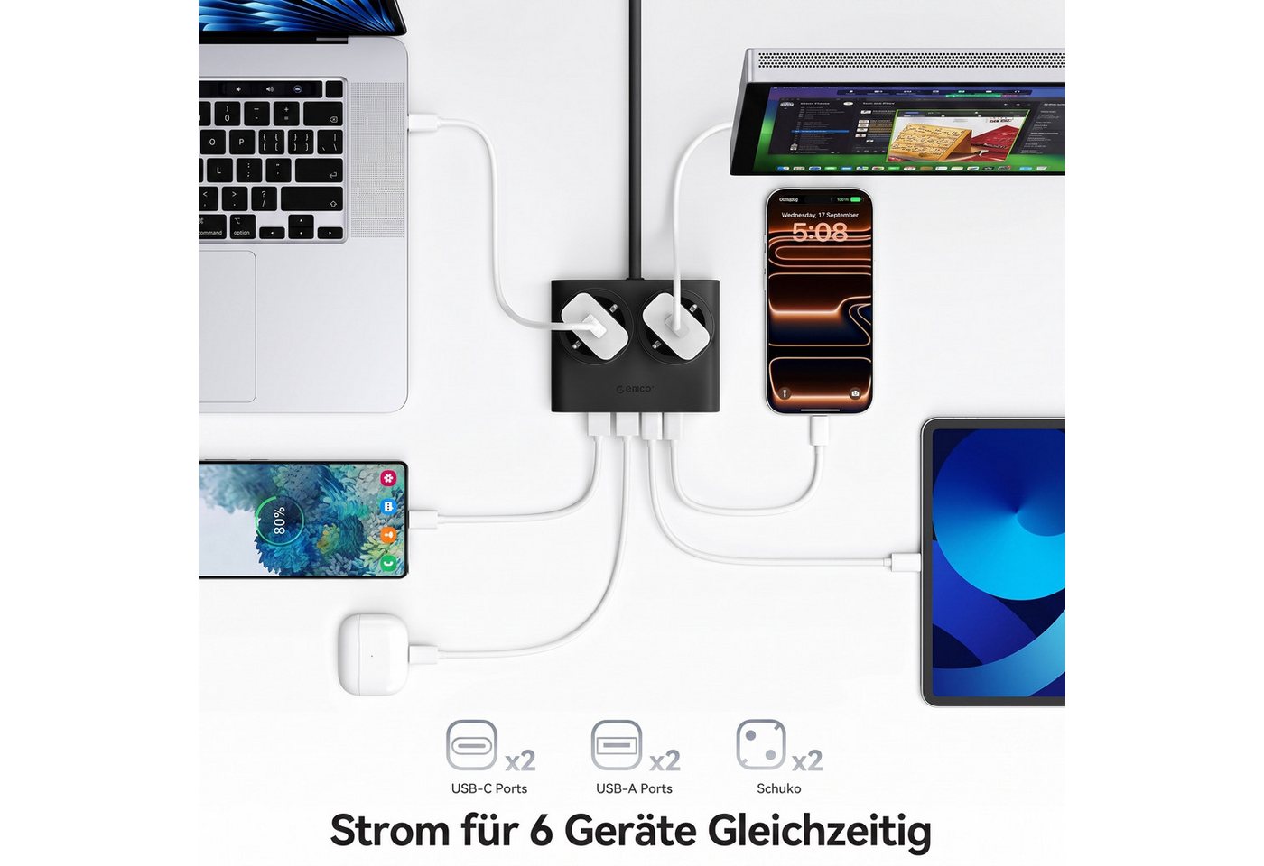 ORICO Steckdose 15W/25W GaN Mehrfachsteckdose 6-in-1 Steckdosenleiste,2AC+2USB+2CPD, acher 1,3 cm Stecke, 1-St., 1,6 m Kabel, 2500 W., für Haushalt & Büro Bild 3