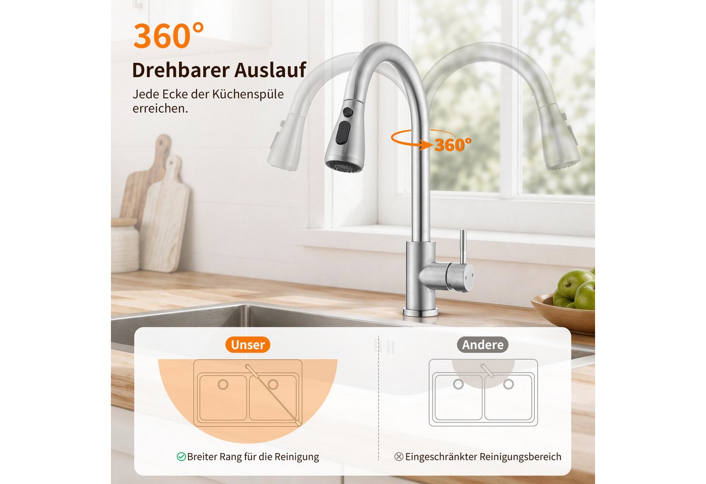 HOMELIVE Küchenarmatur Hochdruck Wasserhahn Küche 360° Küchenarmatur mit Ausziehbarer Edelstahl Küchenarmatur ausziehbar mit 2 Strahlarten,Gebürstet