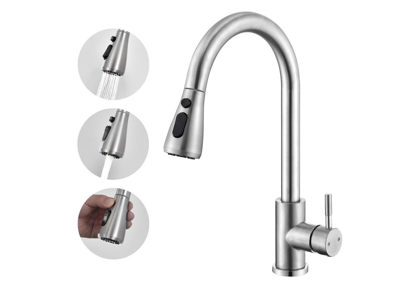 HOMELIVE Küchenarmatur Hochdruck Wasserhahn Küche 360° Küchenarmatur mit Ausziehbarer Edelstahl Küchenarmatur ausziehbar mit 2 Strahlarten,Gebürstet Bild 2