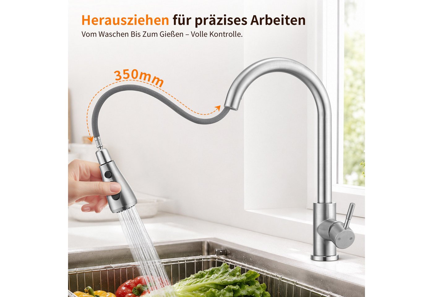 HOMELIVE Küchenarmatur Hochdruck Wasserhahn Küche 360° Küchenarmatur mit Ausziehbarer Edelstahl Küchenarmatur ausziehbar mit 2 Strahlarten,Gebürstet Bild 5
