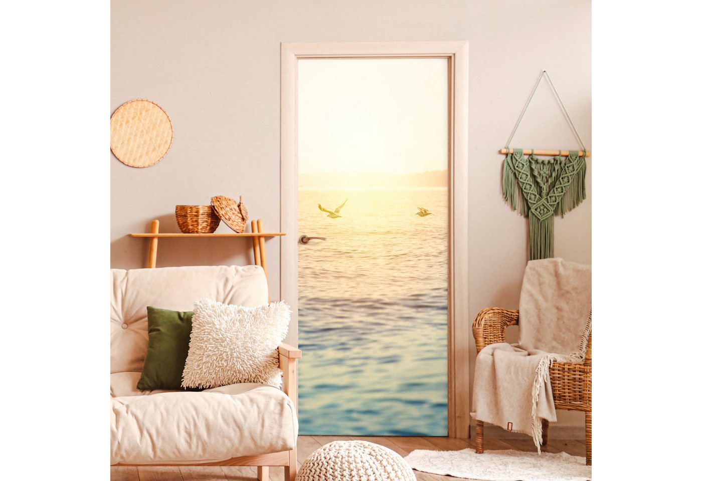 MuchoWow Türtapete Meer - Möwe - Sonne, Matt, bedruckt, (1 St), Selbstklebende Tapete, Folie für Möbel, 75x205 cm Bild 3