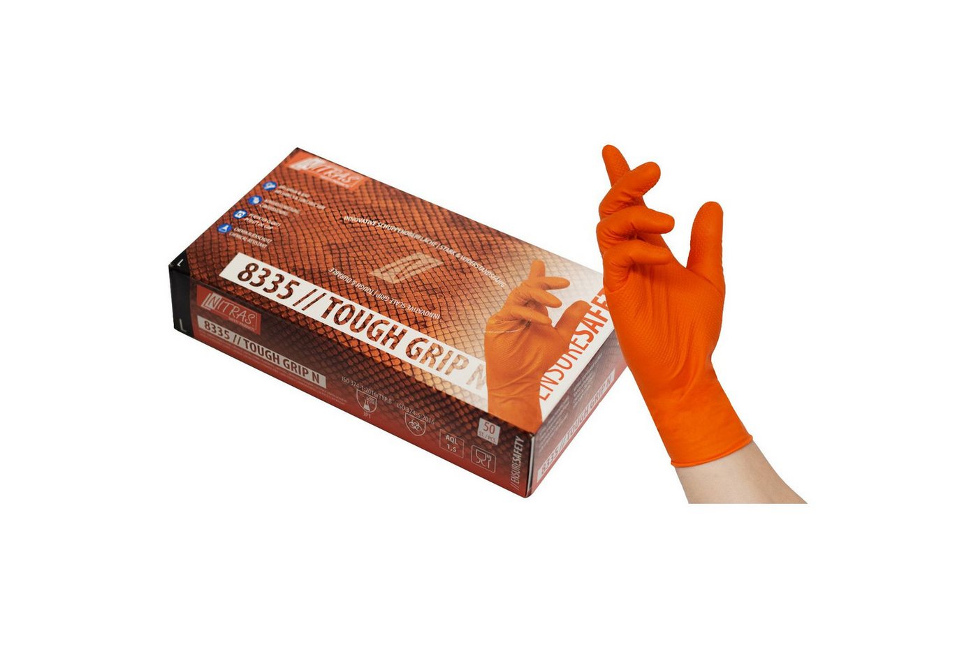 Nitras Einweghandschuhe 8335 Einmalhandschuhe Nitril Touch Grip orange Box à 50 Stück Gr S-XXL ölbeständig/starker Grip Bild 3