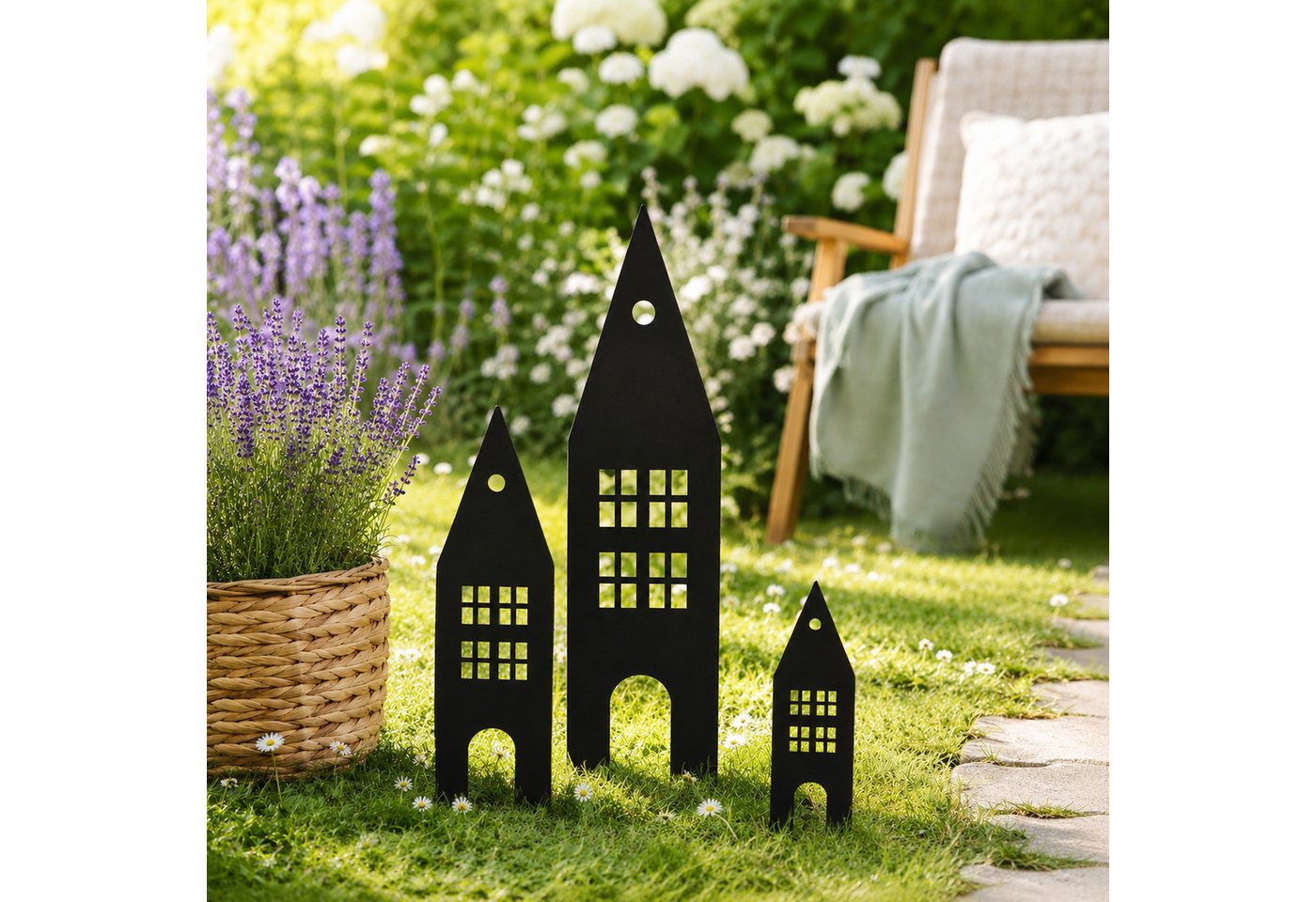 UNUS GARDEN Gartenstecker Gartenstecker 3 Häuser (3-St., 3er Set Schwarz) Gartendeko Deko für draußen Dekostecker Deko Garten robust Bild 5