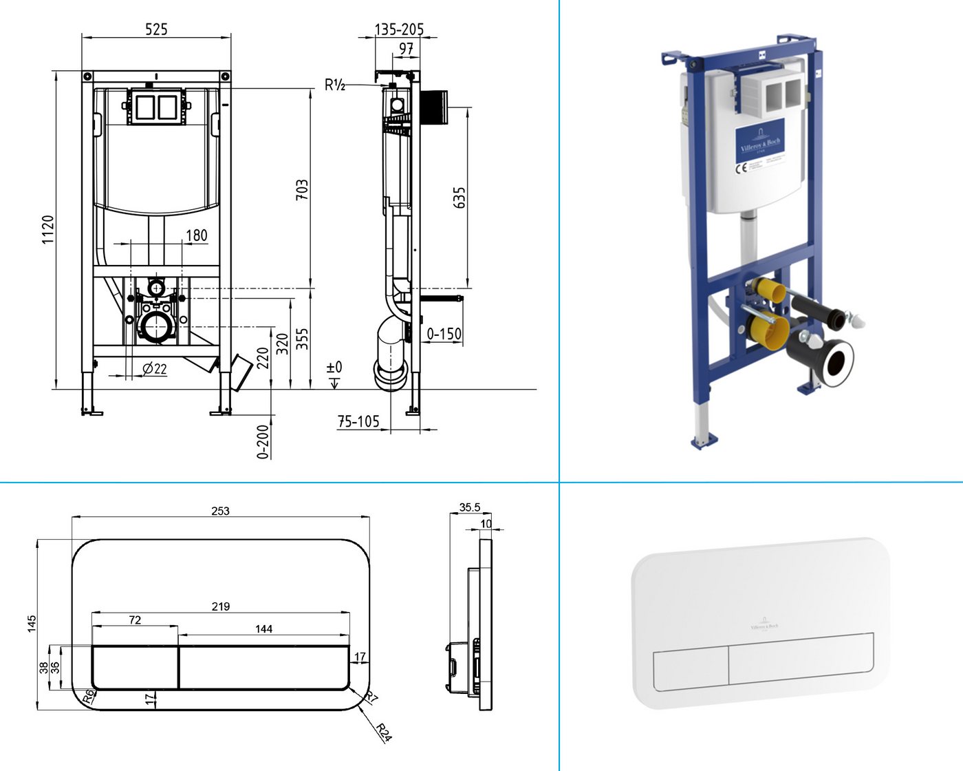 Alpenberger Vorwandelement WC Set Komplett: Hänge WC + Villeroy & Boch Spülkasten Betätigungsplatte, Wassersparsam + Nano, Toilette Spülrandlos, Komplettes Wand WC Set mit WC Sitz