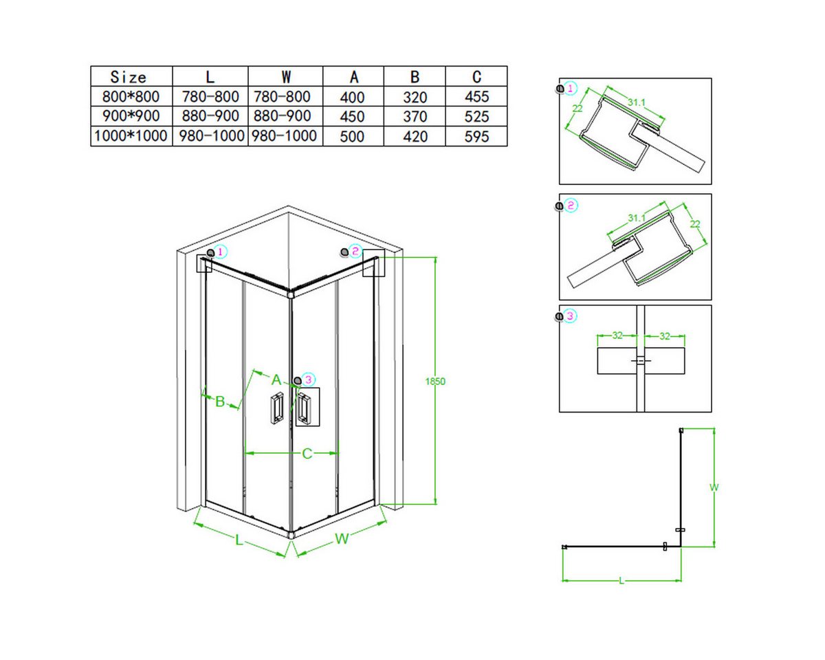 Belvit Eckdusche BV-DK3-100100, BxT: 100x100 cm, 1-tlg., Belvit Duschkabine Eckdusche mit Schiebetüren und Duschwanne Bild 4