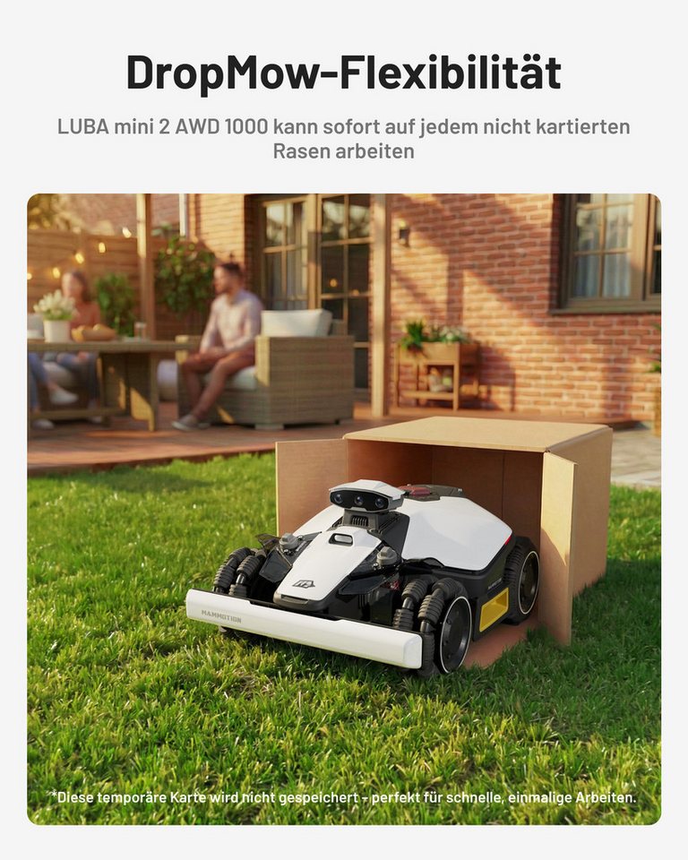 Mammotion Rasenmähroboter LUBA Mini 2 AWD Mähroboter ohne Begrenzungsdraht, bis 1000 m² Rasenfläche, (mit Garage, Wascheständer), Triple-Kamera KI-Vision + NetRTK, Randmähen, Auto-Kartierung, 4G, APP Bild 3