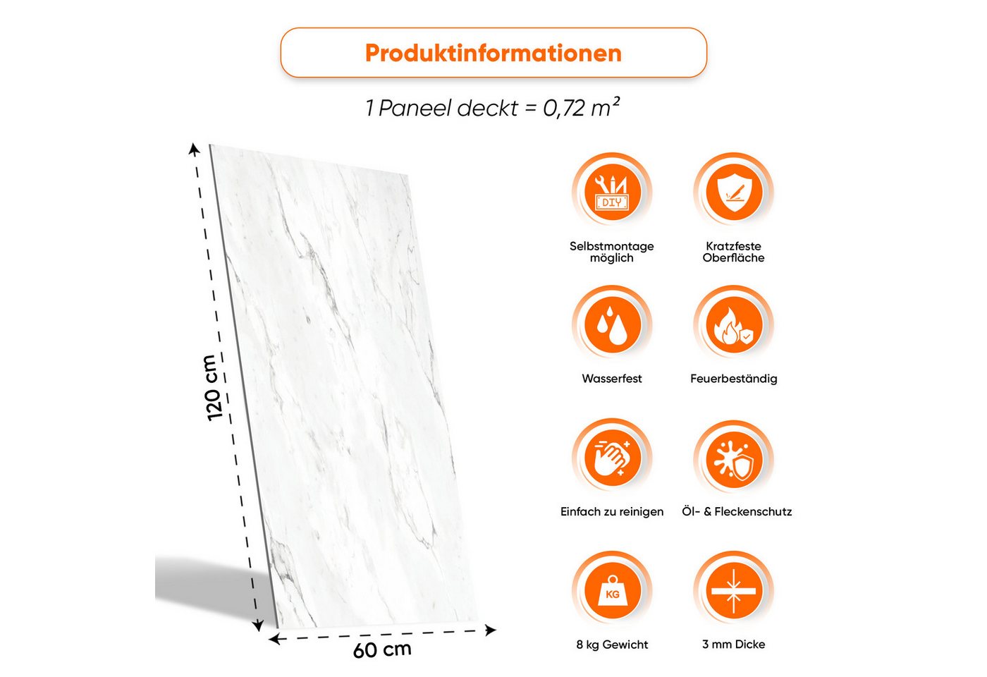 IZODEKOR 3D Wandpaneel SPC Wandverkleidung mit Klicksystem – Marmoroptik & Steinoptik, BxL: 60x120 cm, 0,72 qm, (1er- oder 4er-Set, optional mit 4 Montageklebern) wasserfest, hitzebeständig, kratzfest, pflegeleicht, für Bad & Küche Bild 2