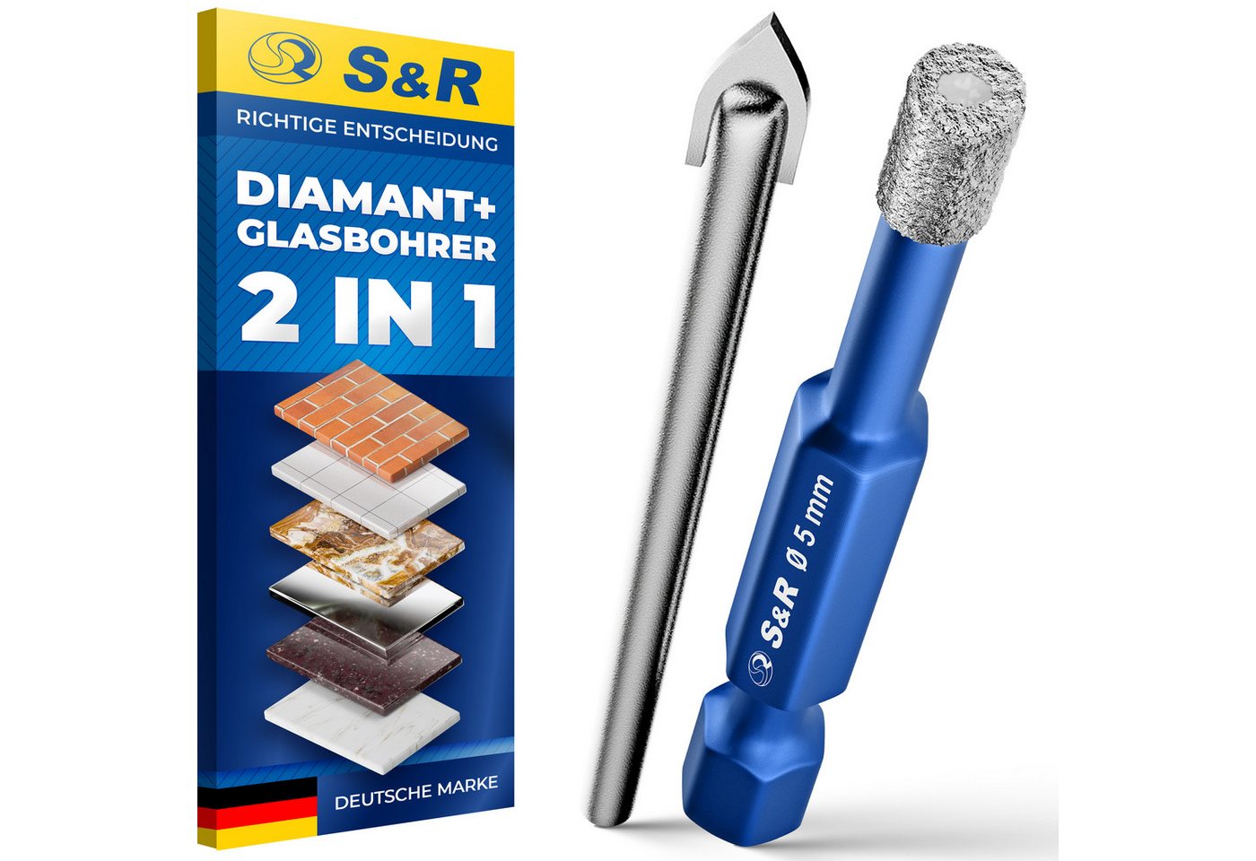 S&R Bohrersatz Professional 2-tlg Set 5 mm Diamantbohrer, Glasbohrer & Fliesenbohrer, (1 Diamantbohrer und Karbidbohrer mit Durchmesser: 5 mm), Harte Keramik, Granit, Glas, Porzellan, Fliesen, Feinsteinzeug, Marmor Bild 2