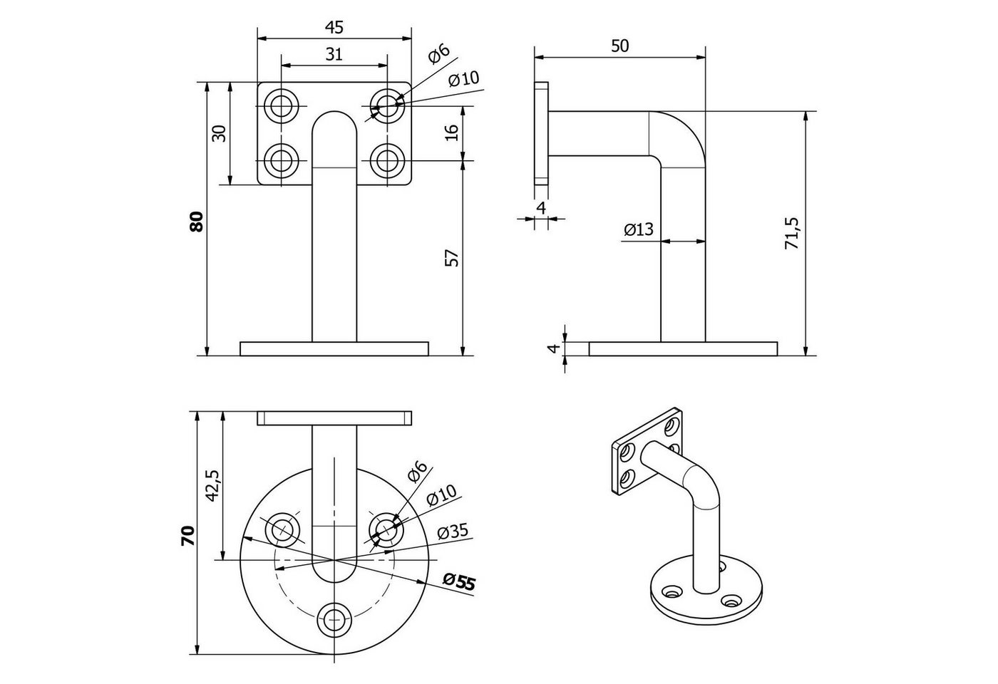 SO-TECH® Handlauf Handlaufhalter CURVE 90° Stahl schwarz pulverbeschichtet, (2 St), Geländerhalter rund 55x70x80 mm Halter für Treppengeländer Bild 4